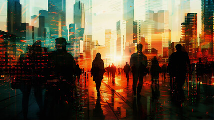 Obraz premium Silhouette of people with skyscrapers background 