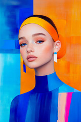 Young woman with bright blue eyes, freckles and orange headband posing on bright abstract blue and orange background in modern style, abstract drawing.