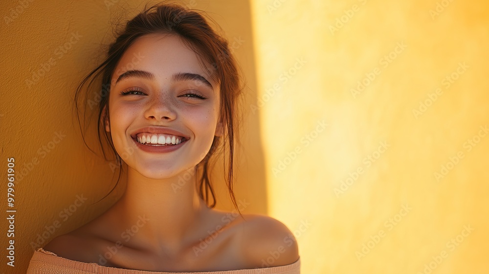 Sticker casual fashion portrait featuring a smiling young woman