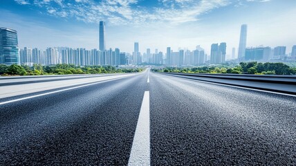 Fototapeta premium Asphalt highway road and city skyline with modern buildings scenery in Guangzhou. Car background..generative ai