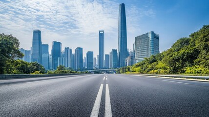 Obraz premium Asphalt highway road and city skyline with modern buildings scenery in Guangzhou. Car background..generative ai