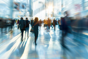 A blurry image of people walking in a hallway with a glass wall, generative ai image.,
