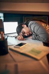 Fototapeta premium Business woman, laptop and sleeping in office for burnout, fatigue and overworked with late night. Project manager, technology and tired in workplace for stress, deadline and overwhelmed with nap