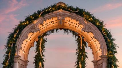 Elegant arch adorned with greenery and lights against a colorful sunset in a festive outdoor setting