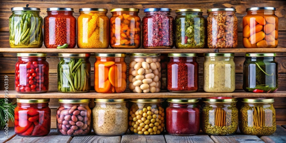 Wall mural A Rustic Shelf Filled with Preserved Jars of Vegetables and Beans, Glass Jars, Food Preservation, Rustic Kitchen, Home Canning, Food Storage ,food preservation