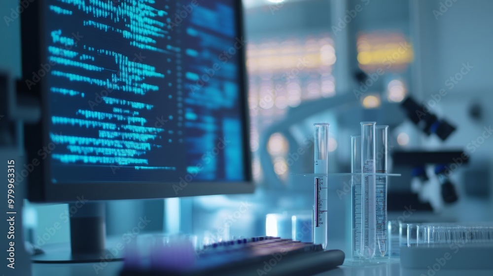 Poster A lab setup includes a computer screen with code and data, plus glass beakers and test tubes, showcasing a dedicated environment for scientific research.