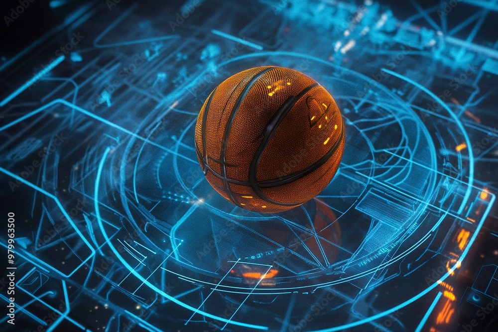 Poster illustrate a futuristic basketball design with interactive features that record player data when use