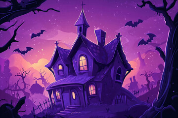 Haunted house in purple tones. Halloween style.