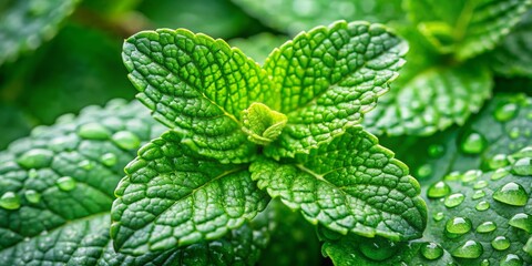 Close-up of Lush Green Mint Leaves with Dew Drops, Macro Photography, Nature Photography, Mint Plant, Herbal Plant
