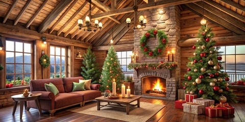 Fototapeta premium Cozy Christmas Cabin Interior with Fireplace, Wooden Beams and Decorated Christmas Tree, 3D Rendering, Christmas Decoration, Holiday Decor, Festive Interior