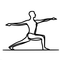 Fototapeta premium Line vector drawing of abstract human figure in warrior II pose (Virabhadrasana II), with one leg bent at the knee and the other extended back, arms extended to the sides.
