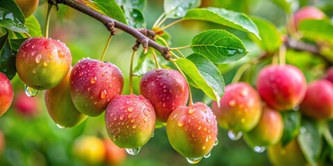 Obraz premium Dew-Kissed Plums on a Branch, Close-up, Green Leaves, Ripe Fruit, Summer Harvest, plums, fruit