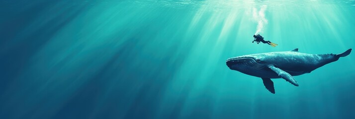 Diver with giant whale in deep sea