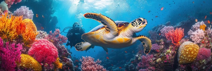 Diver with colorful beautiful coral reef with sea turtle