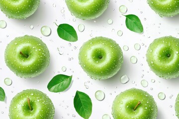 Fototapeta premium Abstract seamless pattern with fresh green apples on white background
