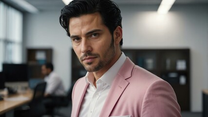 Obraz premium adult black hair white man in pink formal attire model portrait looking confident on an office background for ad concept space for text