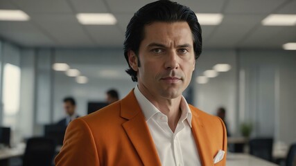 Obraz premium adult black hair white man in orange formal attire model portrait looking confident on an office background for ad concept space for text