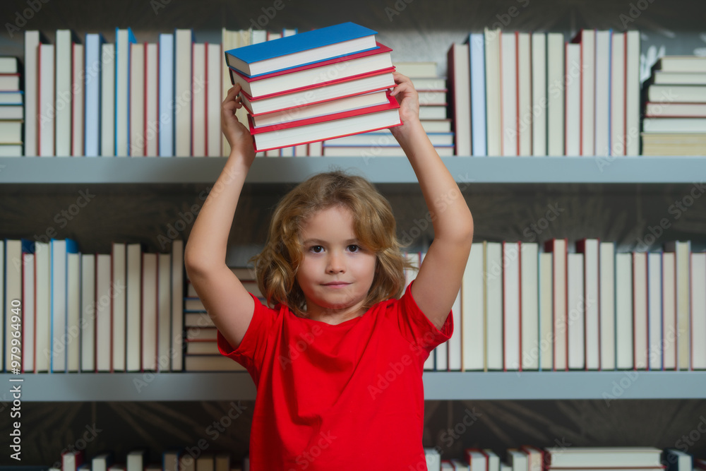 Poster amazed school kid hold stack of books. education concept. knowledge and education school concept. sc