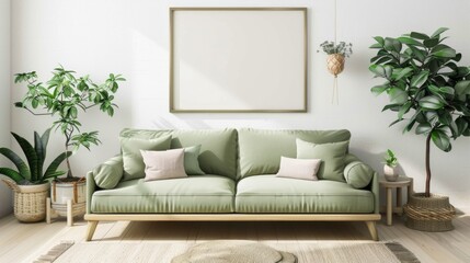 Fototapeta premium blank picture frame hanging on a white wall above a light green sofa, surrounded by several indoor plants in a cozy living room generative ai