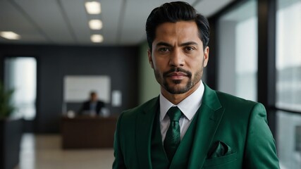 Obraz premium adult black hair hispanic man in green formal attire model portrait looking confident on an office background for ad concept space for text