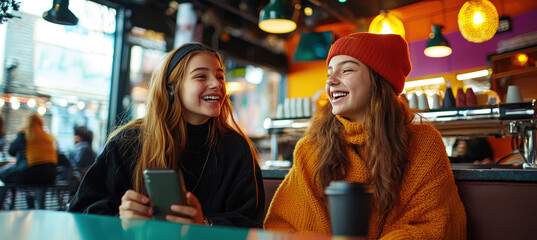 Teenage Girls Enjoying a Video Call at a Vibrant Urban Caf?