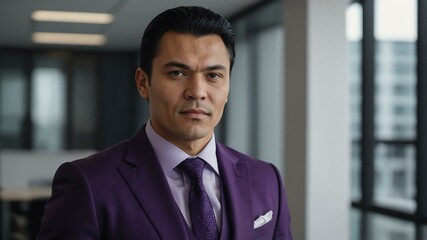 Fototapeta premium adult black hair finnougric man in purple formal attire model portrait looking confident on an office background for ad concept space for text
