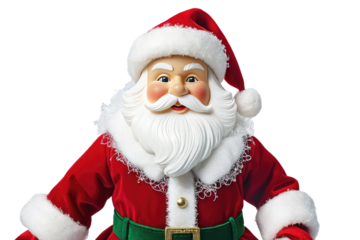 Christmas Santa doll, carved finely with expressive features, red coat glistening under studio lights, tiny white fluffy beard sumptuously contrasting against pristine, isolated white background