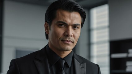 Fototapeta premium adult black hair finnougric man in black formal attire model portrait looking confident on an office background for ad concept space for text