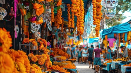Fototapeta premium Vibrant Día de los Muertos Market with Marigold Garlands, Sugar Skulls, and Papel Picado Decorations