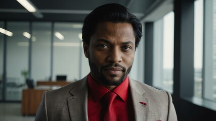 Fototapeta premium adult black hair european man in red formal attire model portrait looking confident on an office background for ad concept space for text