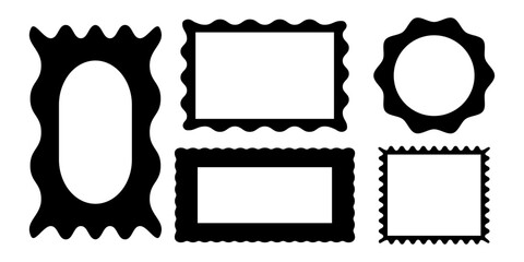 Set  frames. Textbox. Speech bubbles. Rectangles, squares, circles. Geometric shapes in black. Starburst. Sticker, tag. Figures, waves, zigzags. Torn edges. Border. Minimalistic silhouette
