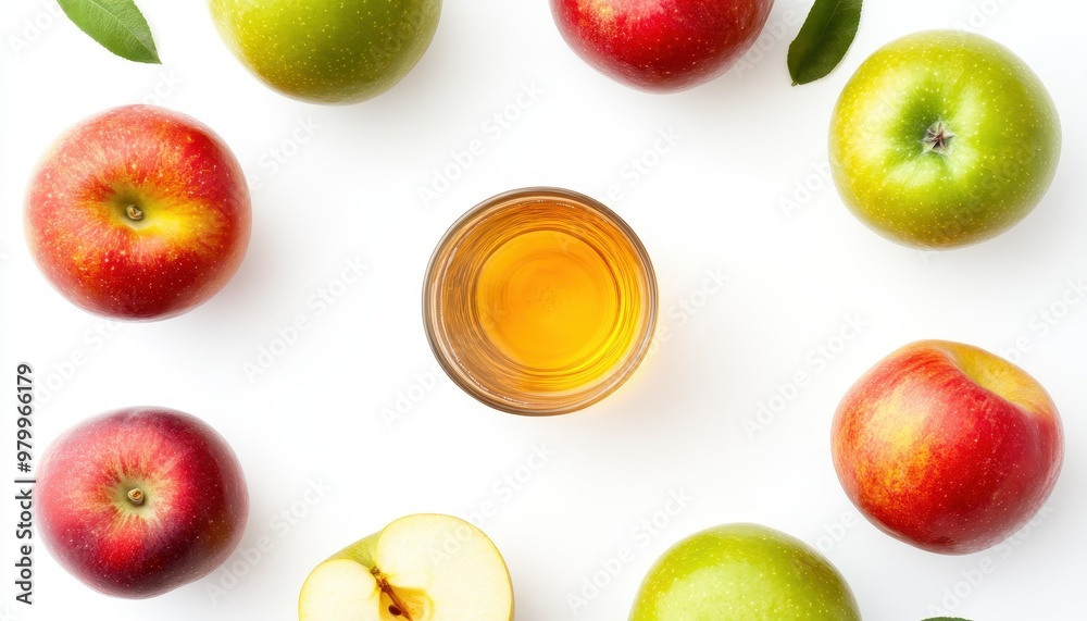 Wall mural apple vinegar and fruits on white background top view