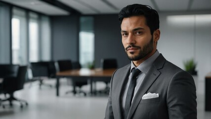Fototapeta premium adult black hair european man in gray formal attire model portrait looking confident on an office background for ad concept space for text