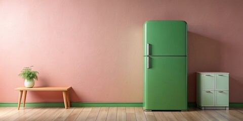 Retro Green Refrigerator in Pink Kitchen, Minimalist Interior, Modern Design, Home Appliance, Kitchen Decor, 3D Rendering, Minimalism
