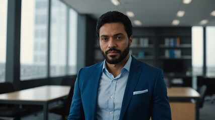 Naklejka premium adult black hair european man in blue formal attire model portrait looking confident on an office background for ad concept space for text
