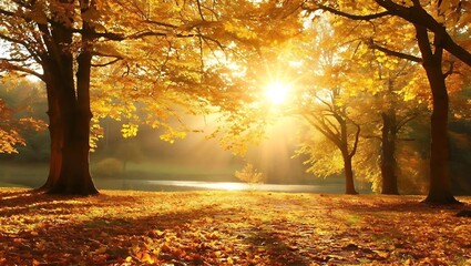 Autumn landscape with sunlight filtering through vibrant trees, creating a warm and inviting nature scene, Generative AI.