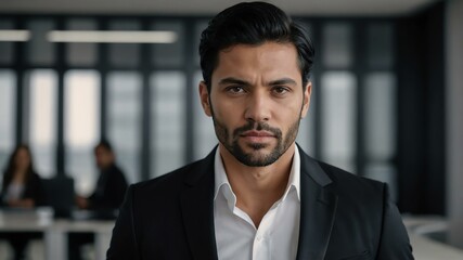 Fototapeta premium adult black hair european man in black formal attire model portrait looking confident on an office background for ad concept space for text