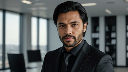 Fototapeta premium adult black hair european man in black formal attire model portrait looking confident on an office background for ad concept space for text