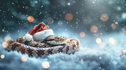 Fototapeta premium Snake adorned with santa hat nestled on snowy ground, surrounded by serene, snow covered winter backdrop with soft, glowing bokeh lights enhancing festive atmosphere. 2025 New year symbol