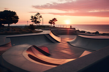 sunset at a skatepark at the beach, skatepark at the beach