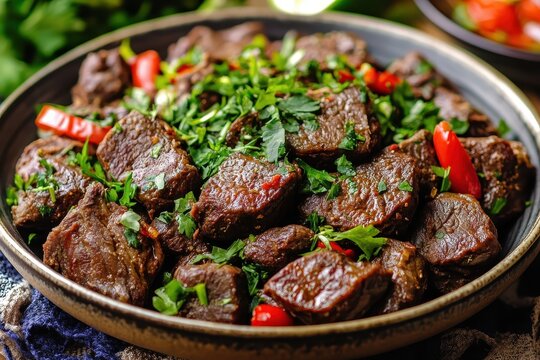Arabic food with beef liver kebda