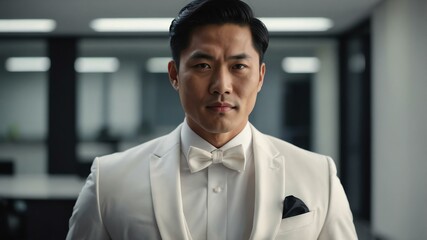 Obraz premium adult black hair asian man in white formal attire model portrait looking confident on an office background for ad concept space for text