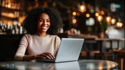 Fototapeta premium Confident African American Woman Typing On Laptop In Trendy Cafe Working Remotely