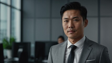 Fototapeta premium adult black hair asian man in gray formal attire model portrait looking confident on an office background for ad concept space for text