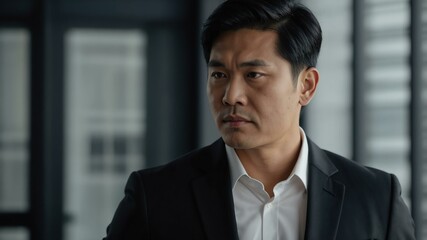 Fototapeta premium adult black hair asian man in black formal attire model portrait looking confident on an office background for ad concept space for text