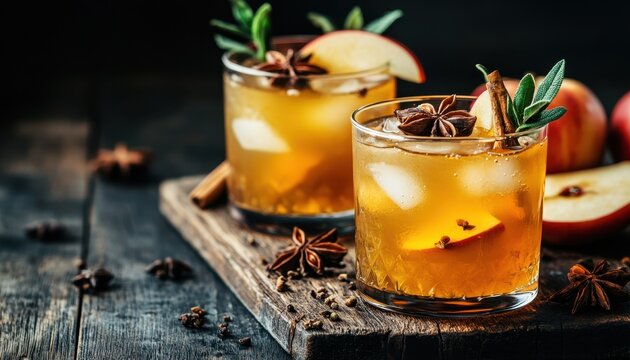 Autumn cocktails with maple syrup apple cider and spices on dark wood background