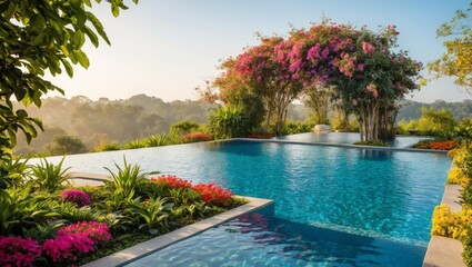 A tranquil infinity pool surrounded by lush foliage and blooming flowers