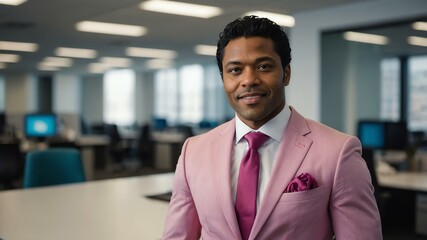 Obraz premium adult black hair american man in pink formal attire model portrait looking confident on an office background for ad concept space for text