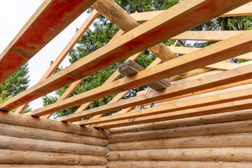 Log house is under construction. New wooden house without roof