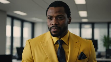 Fototapeta premium adult black hair african man in yellow formal attire model portrait looking confident on an office background for ad concept space for text
